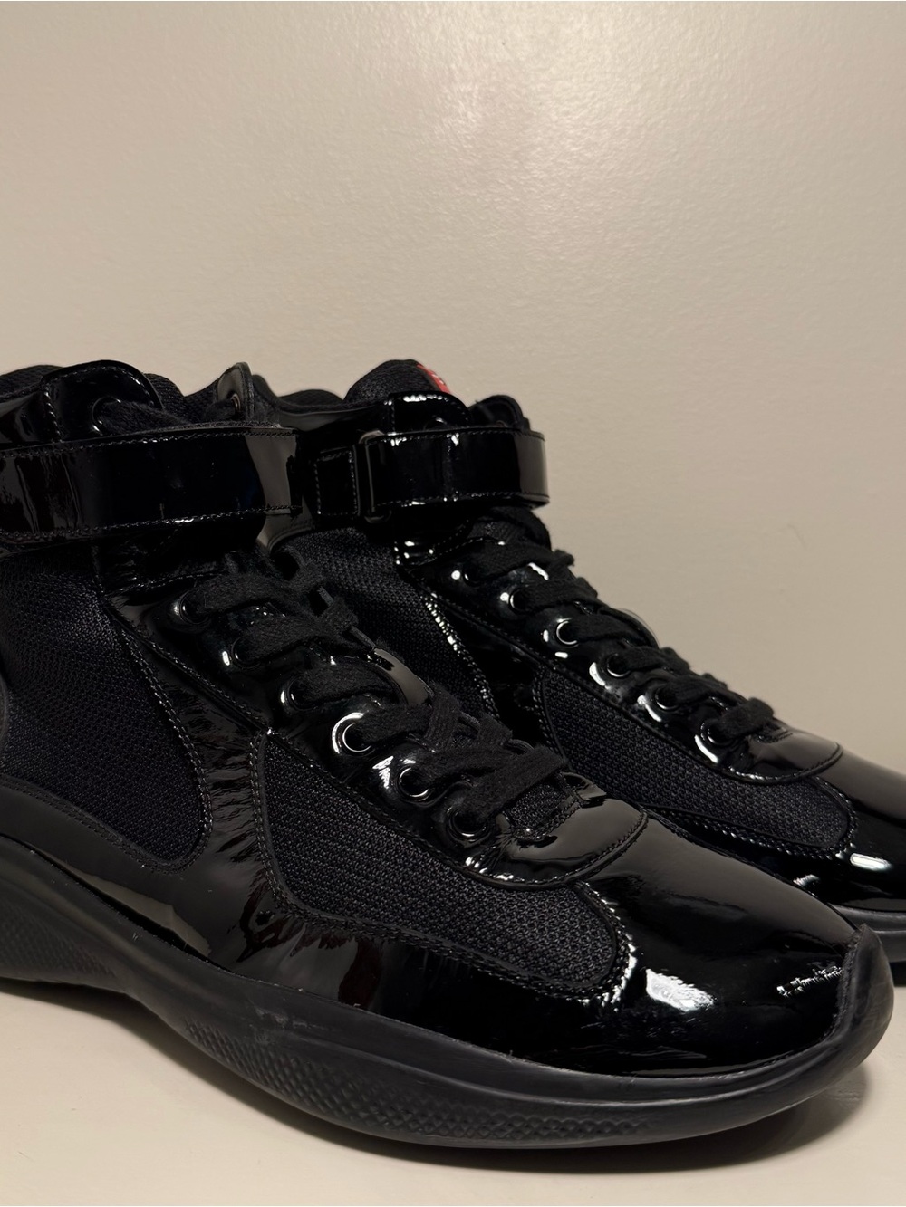 Prada Americas Cup Black Patent Leather High Top Sneaker Mens Size 11 Strap Logo